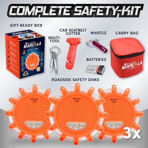 Marcala LED Road Flares Emergency Lights | 3-Pack Roadside Safety Disc Kit w/Whistle | DOT Compliant Emergency Flares for Car w/Batteries Installed | Roadside Emergency Car Kit with Flares - Image 2