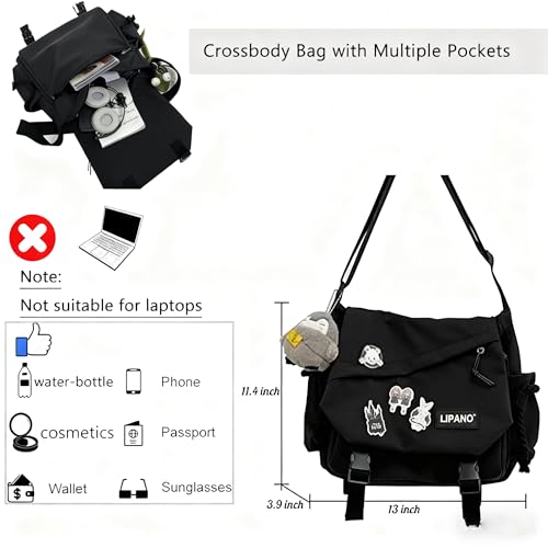 Inshere Aesthetic Crossbody Bag with Cute Pins and Ornament, Casual Shoulder Messenger Bag Japanese Kawaii Bag for Women Men (Black) - Image 3
