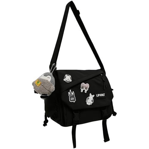 Inshere Aesthetic Crossbody Bag with Cute Pins and Ornament, Casual Shoulder Messenger Bag Japanese Kawaii Bag for Women Men (Black) - Image 1