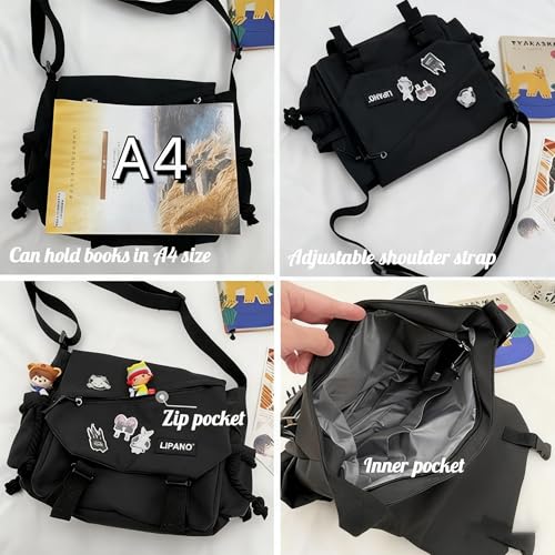 Inshere Aesthetic Crossbody Bag with Cute Pins and Ornament, Casual Shoulder Messenger Bag Japanese Kawaii Bag for Women Men (Black) - Image 5