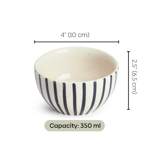 haus & kinder Haus and Kinder Handcrafted Ceramic Bowl Set of 2 for Curry, Dal, Snacks, Fruits, Dessert, Mixing Serving Bowls, Microwave Safe, Black Stripe Design - 350 ml Each - Image 5