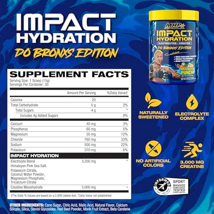 Maximum Human Performance MHP Impact Hydration “Do Bronx Edition” Electrolyte Creatine Sports Drink Mix, No Artificial Sweeteners or Colors, Performance, Strength, Recovery, Brazilian Punch, 30 Servings - Image 2