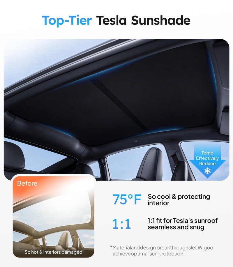 Wigoo Tesla New Model Y Juniper Accessories Sunshade Roof [Never Sag, Nano Ice-Crystal Coatings] Heat Insulation Glass Roof Sun Shade, Accessories for Tesla New Model Y 2025 2026 Launch, Black - Image 2