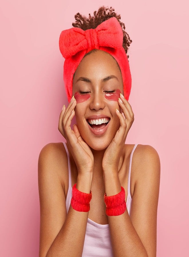 Hanaive 3 Pcs Face Wash Headband and Wristband Set Bow Spa Headbands Face Wash Arm Cuffs for Women Makeup Skincare Bath Headbands Wrist Bands for Washing Sleepover Party Supplies(Red) - Image 5