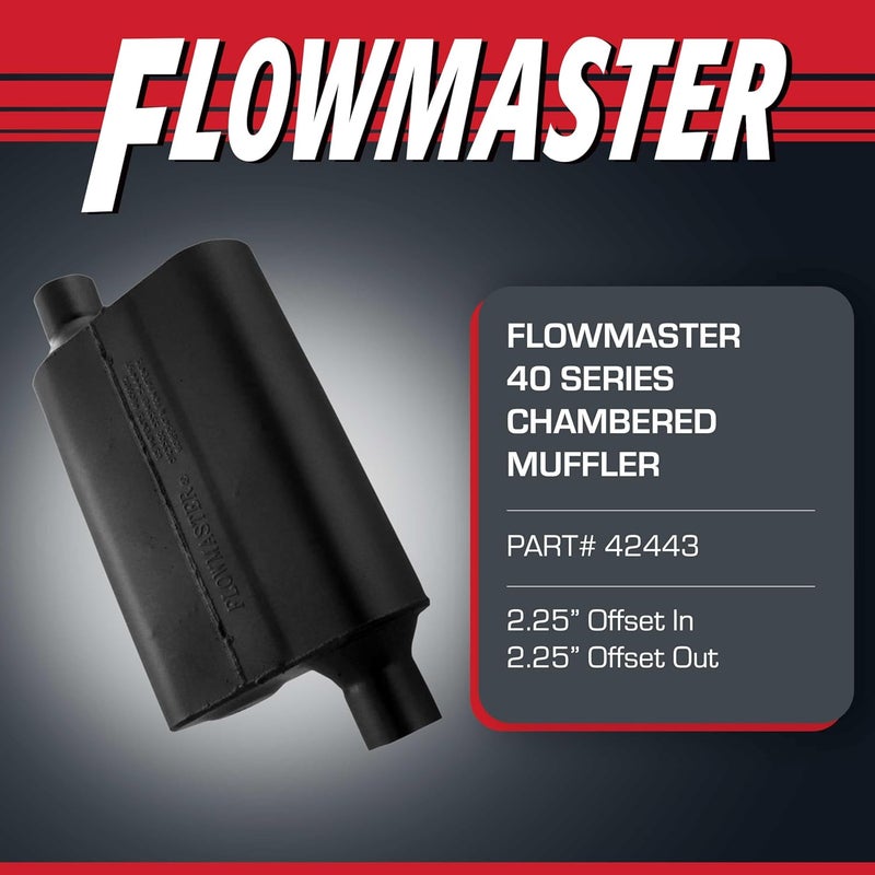 FLOWMASTER كوات 40 سلسلة كاتم صوت أصلي – 2.25 بوصة مدخل مائل / 2.25 بوصة مخرج مائل – صوت عدواني – فولاذ مطلي بالألمنيوم بسمك 16 – للسيارات العضلية، سيارات الشارع، الشاحنات وسيارات الدفع الرباعي (42443) - Image 2