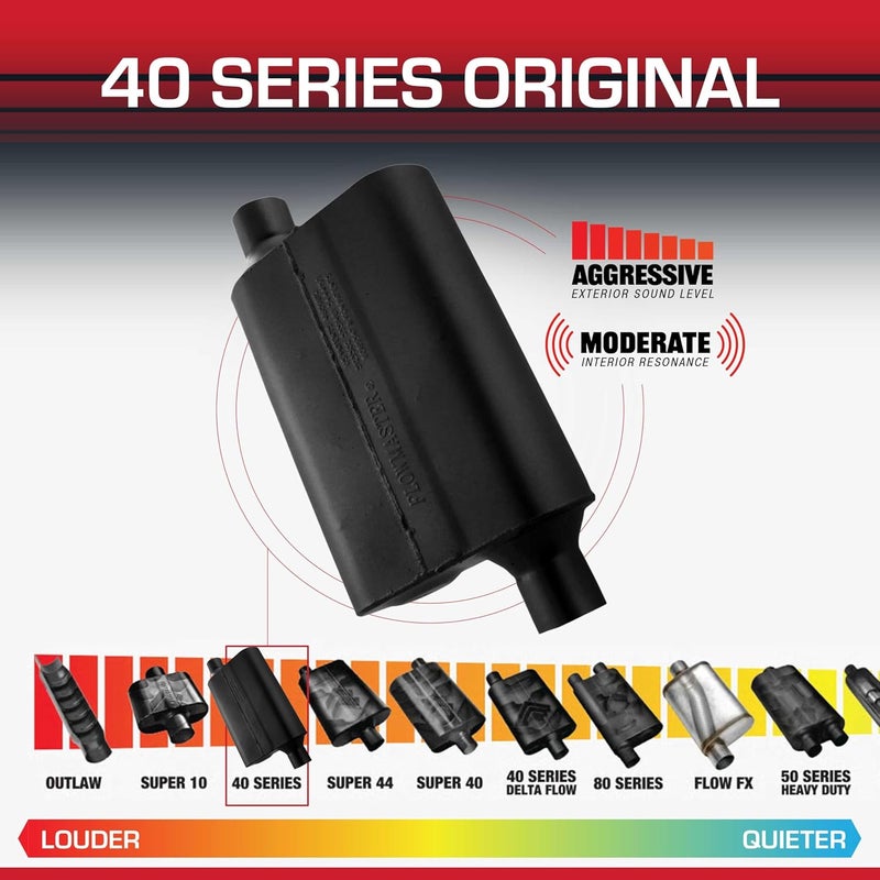FLOWMASTER كوات 40 سلسلة كاتم صوت أصلي – 2.25 بوصة مدخل مائل / 2.25 بوصة مخرج مائل – صوت عدواني – فولاذ مطلي بالألمنيوم بسمك 16 – للسيارات العضلية، سيارات الشارع، الشاحنات وسيارات الدفع الرباعي (42443) - Image 3