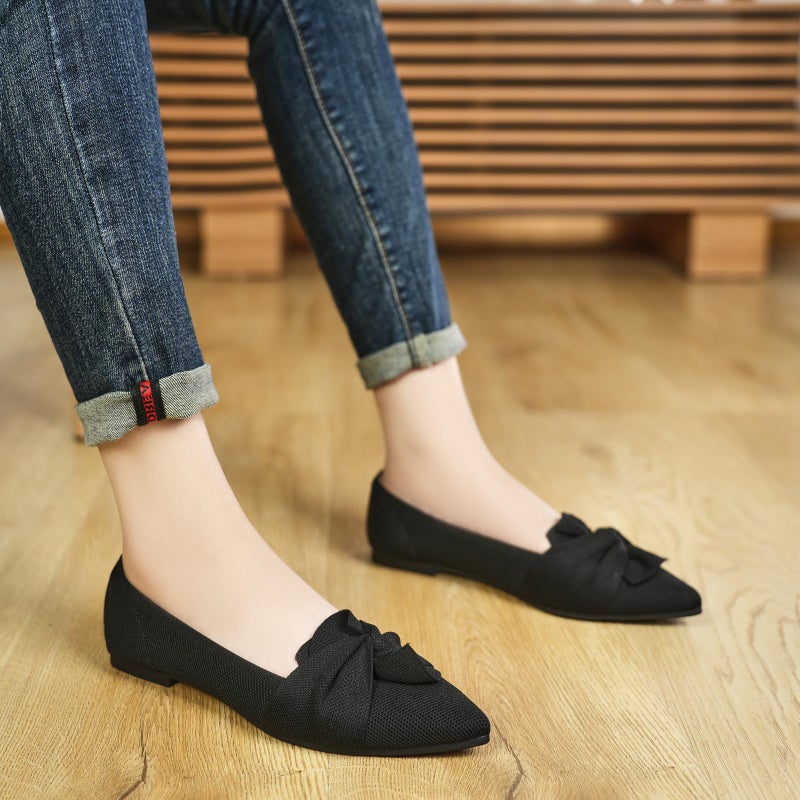 HIULYCENCE Women's Flats Shoes Pointed Toe Ballet Flats with Bow Comfortable Knit Dressy Flats Black US8 - Image 2