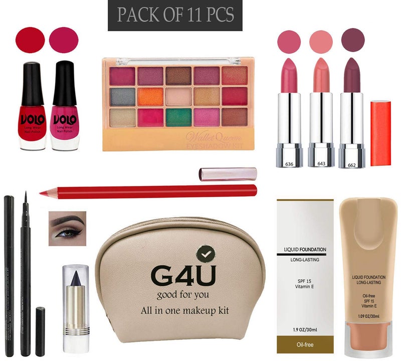 G4U All in One (11 in 1) Makeup Kit With 2 Nail Polishs,3 Lipsticks,Eyeshadow,Penliner,Kajal, Lipliner,Foundation,Pouch Women Gift Set Makeup Kit 18032021A78 - Image 1