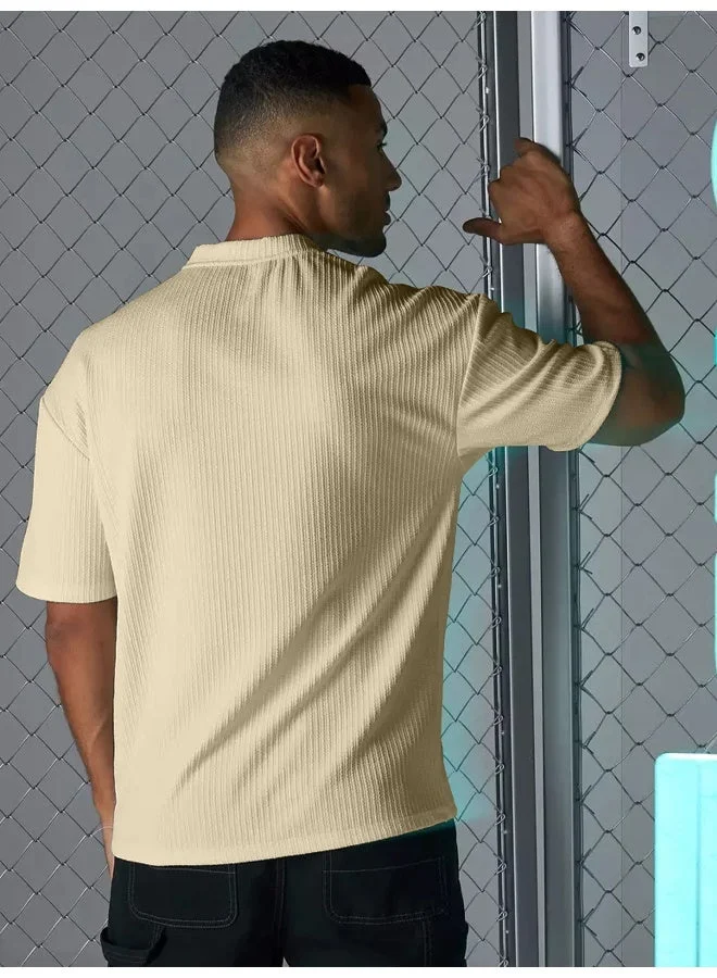 مانياك تيشيرت مانياك رجالي مقاس كبير بياقة دائرية وأكمام 3/4 بلون بيج من قماش السيرساكر القطني