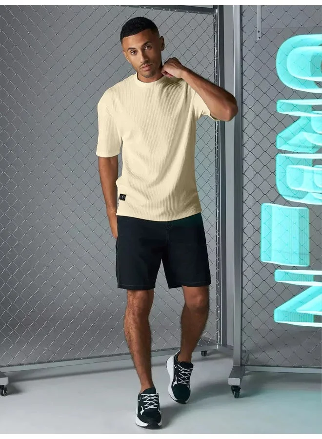 Maniac  Maniac Mens Solid Round Neck Half Sleeve Beige Seersucker CottonBlend Oversized T-Shirt for Men | Best Price UAE
