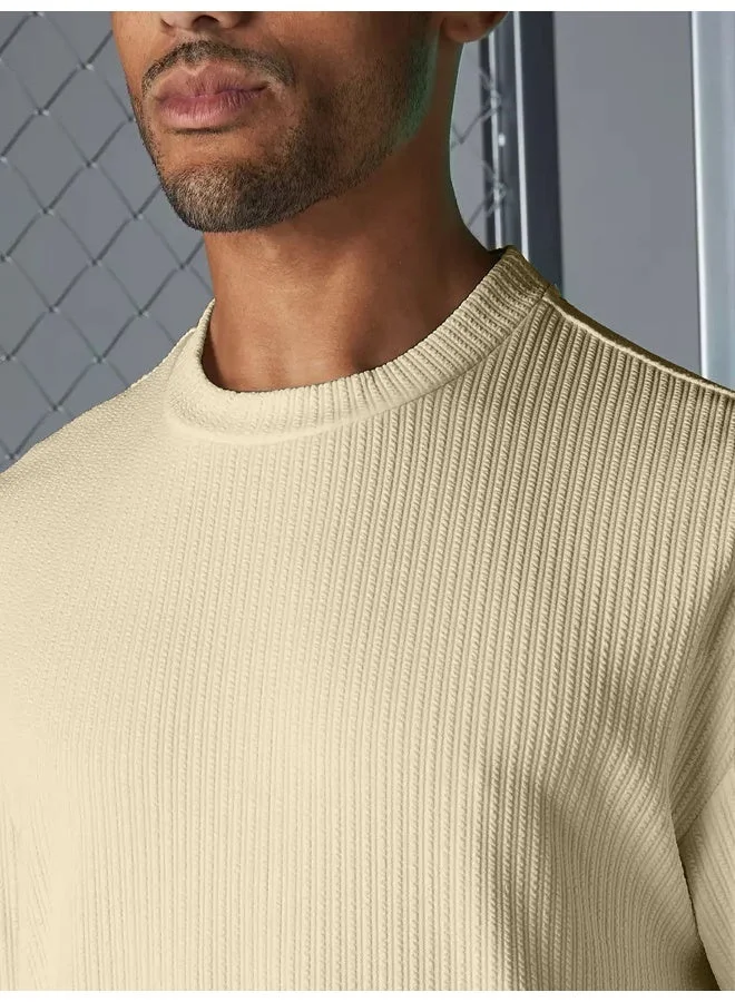 Maniac  Maniac Mens Solid Round Neck Half Sleeve Beige Seersucker CottonBlend Oversized T-Shirt for Men | Best Price UAE
