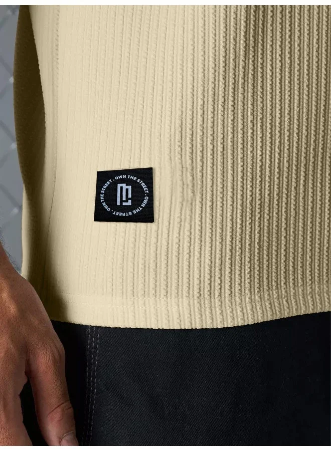 Maniac  Maniac Mens Solid Round Neck Half Sleeve Beige Seersucker CottonBlend Oversized T-Shirt for Men | Best Price UAE
