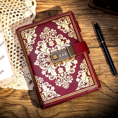 CAGIE Lock Journal for Women Vintage Refillable Diary with Lock 224 Pages Leather Locked Journal for Personal Secrets Writing (Red) - Image 2