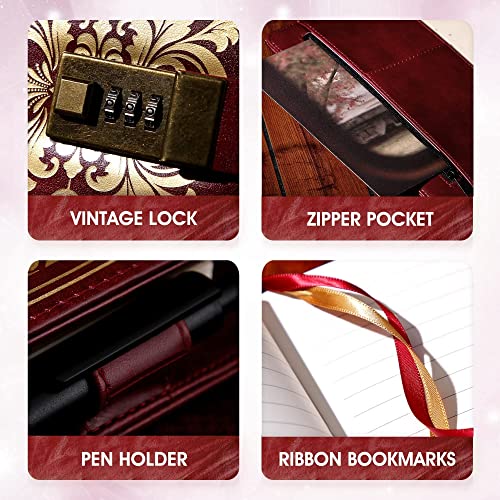 CAGIE Lock Journal for Women Vintage Refillable Diary with Lock 224 Pages Leather Locked Journal for Personal Secrets Writing (Red) - Image 5
