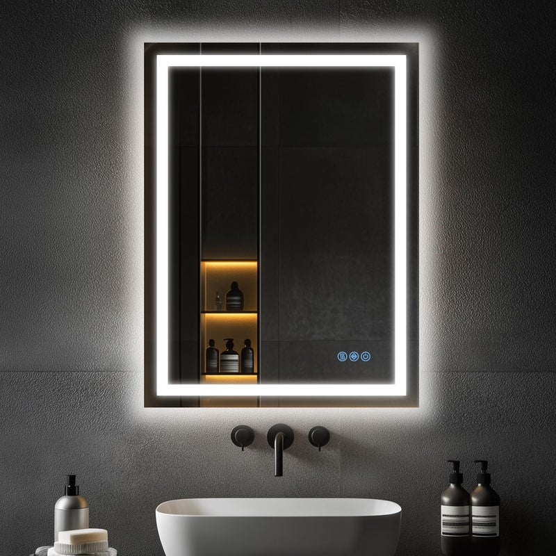 Antok 24"x 36" LED Bathroom Mirror with Lights, Anti-Fog, Dimmable, Lighted Vanity Mirror with Tempered Glass, Memory Function, 3 Light Modes, Safe Use, Horizontal, Vertical, Wall Mount - Image 2