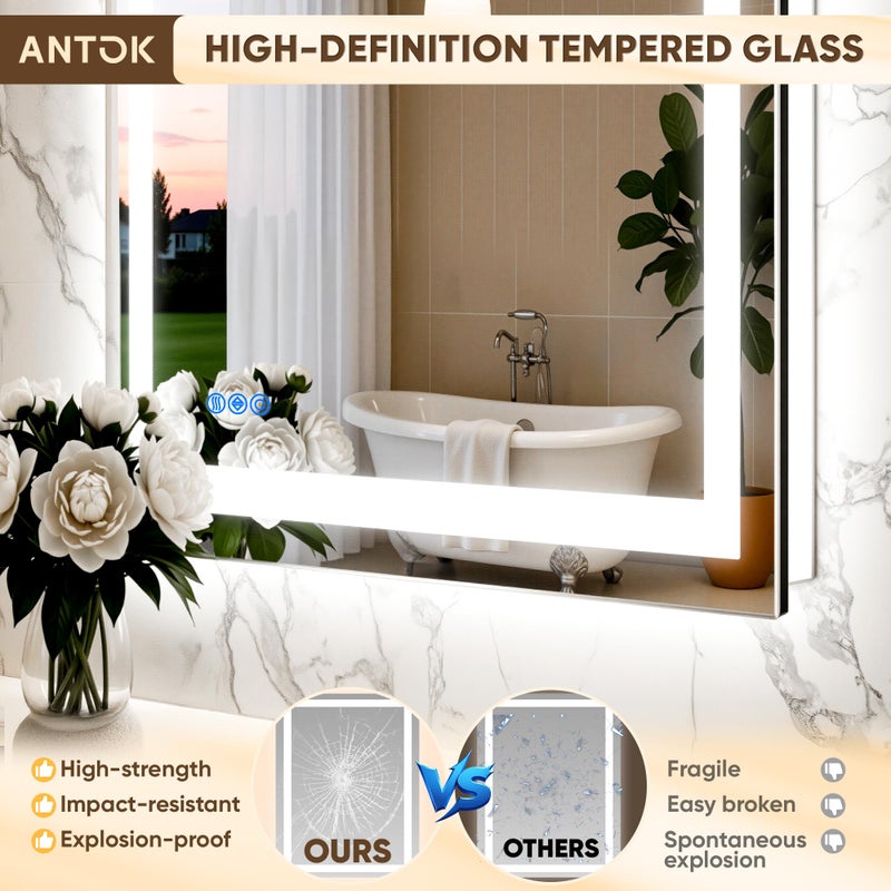 Antok 24"x 36" LED Bathroom Mirror with Lights, Anti-Fog, Dimmable, Lighted Vanity Mirror with Tempered Glass, Memory Function, 3 Light Modes, Safe Use, Horizontal, Vertical, Wall Mount - Image 5