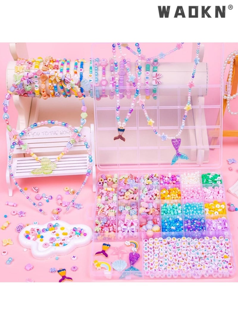 WAOKN Beads for Bracelet Jewellery Making Kit, Friendship Bracelet Making Kit with Colorful Small Beads and Elastic String, Art Craft Gifts for Birthdays，ear Beads Set for Jewelry Making Kids Adults Children Craft DIY Necklace Bracelets Letter Alphabet Colorful Acrylic Crafting Beads Kit Box with Accessories，with Pendant Charms Kit and Elastic Strings for Jewelry Making Kit Bracelets Necklace - Image 3