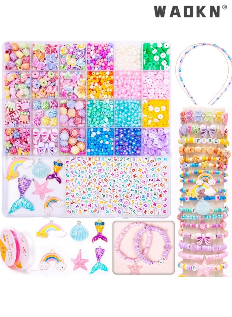 WAOKN Beads for Bracelet Jewellery Making Kit, Friendship Bracelet Making Kit with Colorful Small Beads and Elastic String, Art Craft Gifts for Birthdays，ear Beads Set for Jewelry Making Kids Adults Children Craft DIY Necklace Bracelets Letter Alphabet Colorful Acrylic Crafting Beads Kit Box with Accessories，with Pendant Charms Kit and Elastic Strings for Jewelry Making Kit Bracelets Necklace - Image 1