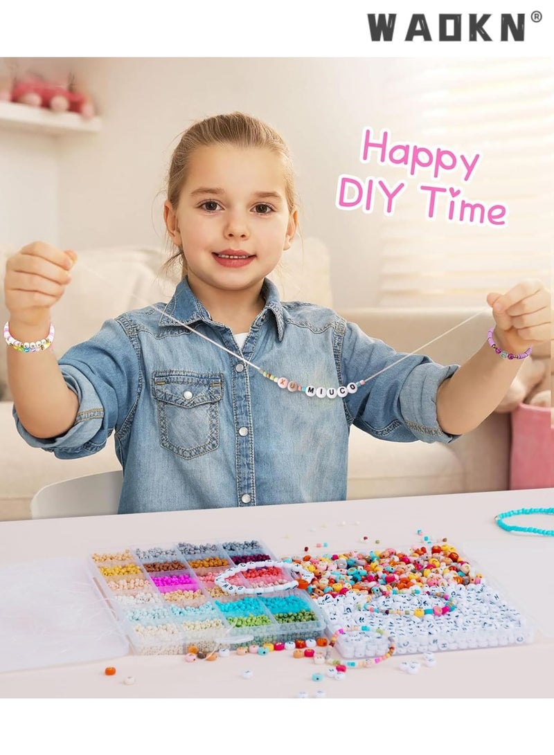 WAOKN Beads for Bracelet Jewellery Making Kit, Friendship Bracelet Making Kit with Colorful Small Beads and Elastic String, Art Craft Gifts for Birthdays，ear Beads Set for Jewelry Making Kids Adults Children Craft DIY Necklace Bracelets Letter Alphabet Colorful Acrylic Crafting Beads Kit Box with Accessories，with Pendant Charms Kit and Elastic Strings for Jewelry Making Kit Bracelets Necklace - Image 5