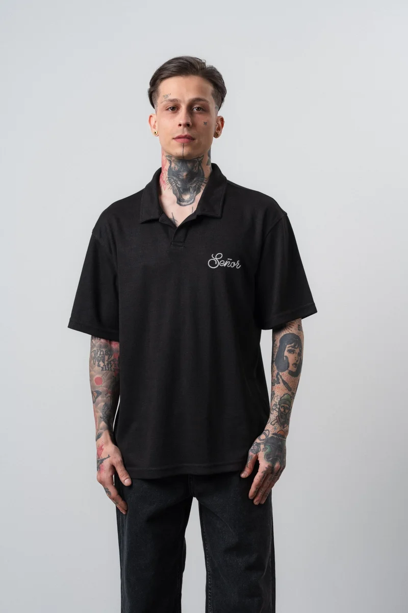 Respire Men's Senior Print Polo Collar Regular Fit T-Shirt Black