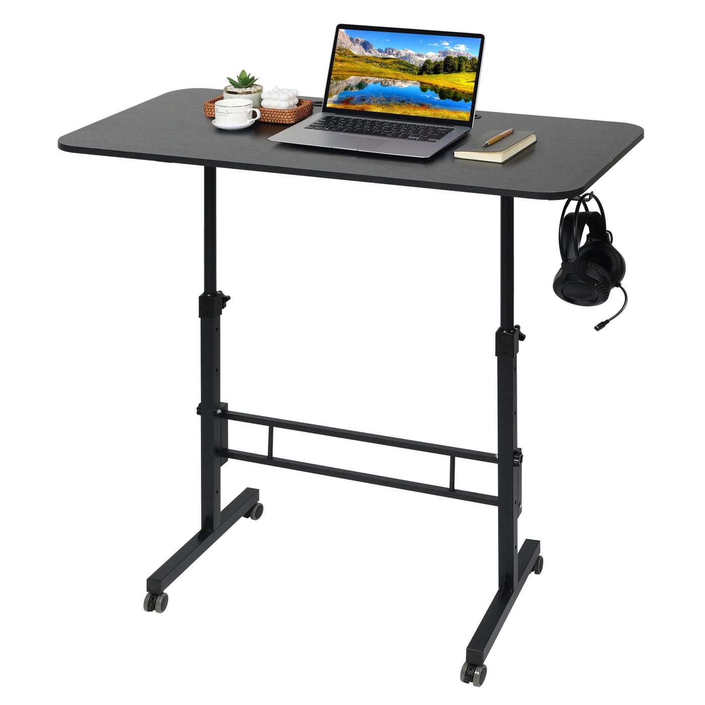 Dekhaoxe Standing Desk Adjustable Height, Rolling Walking Pad Desk, Small Mobile Table with Wheels, Portable Stand Up Table for Standing or Sitting, Size 31.5x15.7 Inch Black