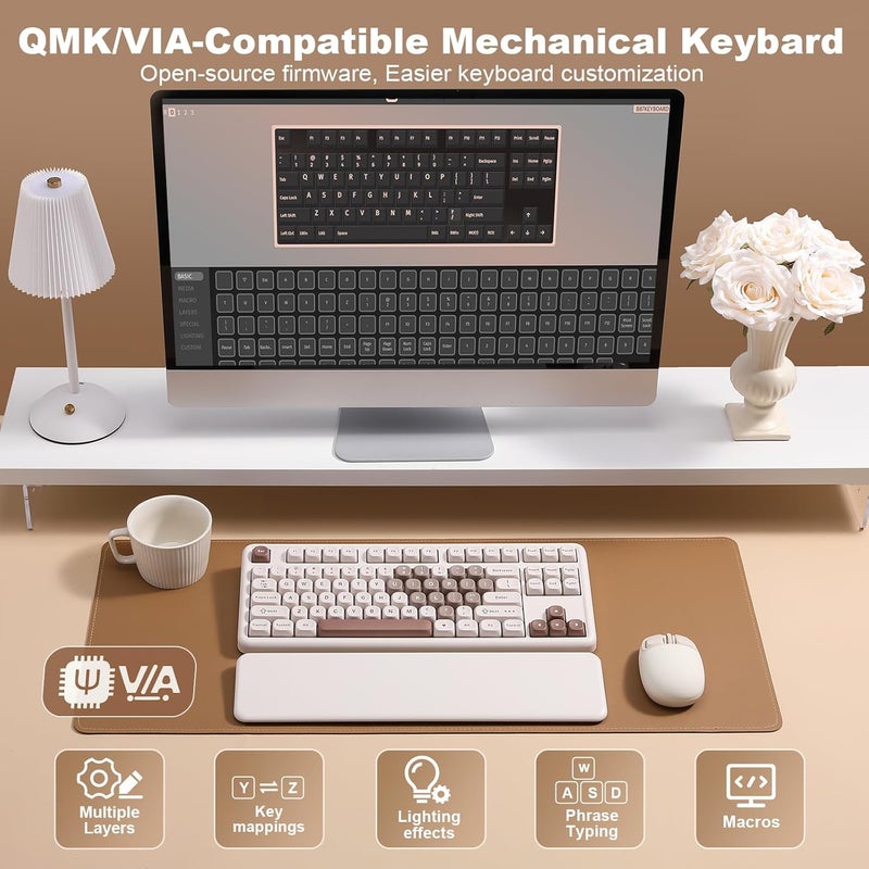 YUNZII B87 Wireless Mechanical Keyboard,QMK/VIA Custom Gaming Keyboard,Gasket RGB Keyboard with Cute MOA Keycaps,Wrist Rest,BT5.0/2.4G/USB-C NKRO for Win/Mac (Brown Heart, Cocoa Cream V2 Switch) - Image 5
