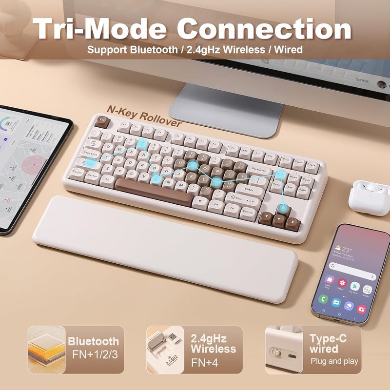 YUNZII B87 Wireless Mechanical Keyboard,QMK/VIA Custom Gaming Keyboard,Gasket RGB Keyboard with Cute MOA Keycaps,Wrist Rest,BT5.0/2.4G/USB-C NKRO for Win/Mac (Brown Heart, Cocoa Cream V2 Switch) - Image 3