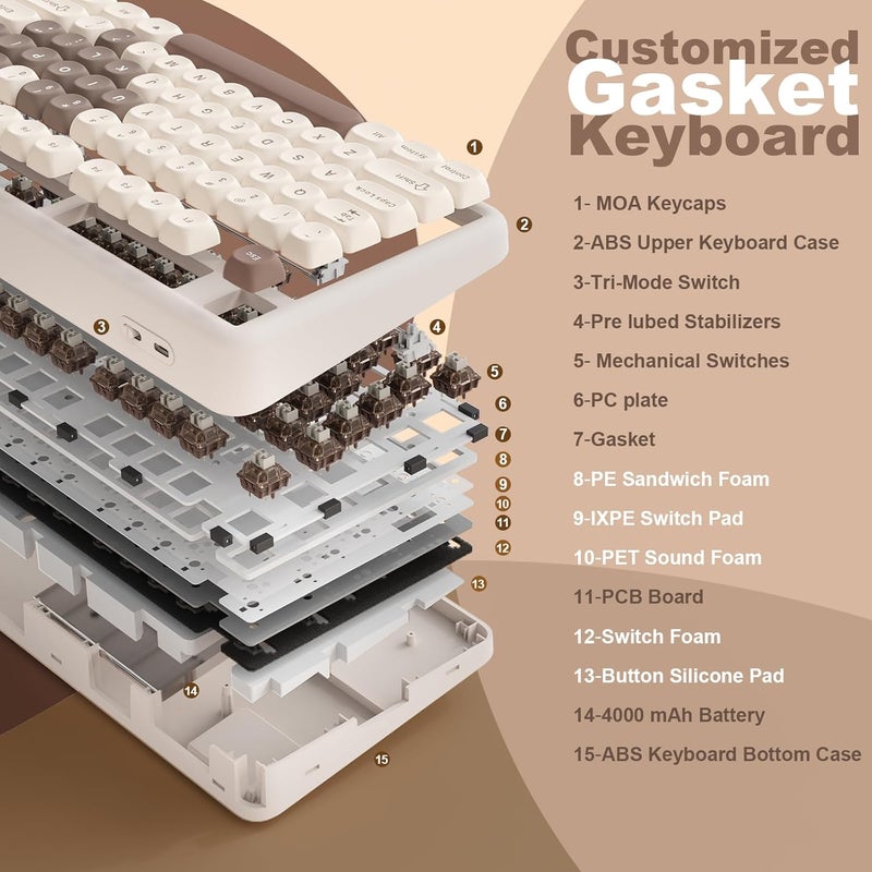 YUNZII B87 Wireless Mechanical Keyboard,QMK/VIA Custom Gaming Keyboard,Gasket RGB Keyboard with Cute MOA Keycaps,Wrist Rest,BT5.0/2.4G/USB-C NKRO for Win/Mac (Brown Heart, Cocoa Cream V2 Switch) - Image 4