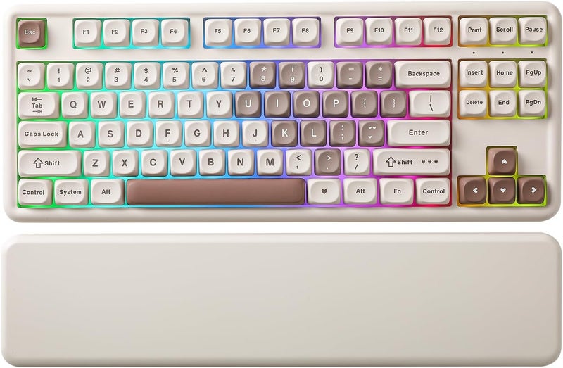 YUNZII B87 Wireless Mechanical Keyboard,QMK/VIA Custom Gaming Keyboard,Gasket RGB Keyboard with Cute MOA Keycaps,Wrist Rest,BT5.0/2.4G/USB-C NKRO for Win/Mac (Brown Heart, Cocoa Cream V2 Switch) - Image 1