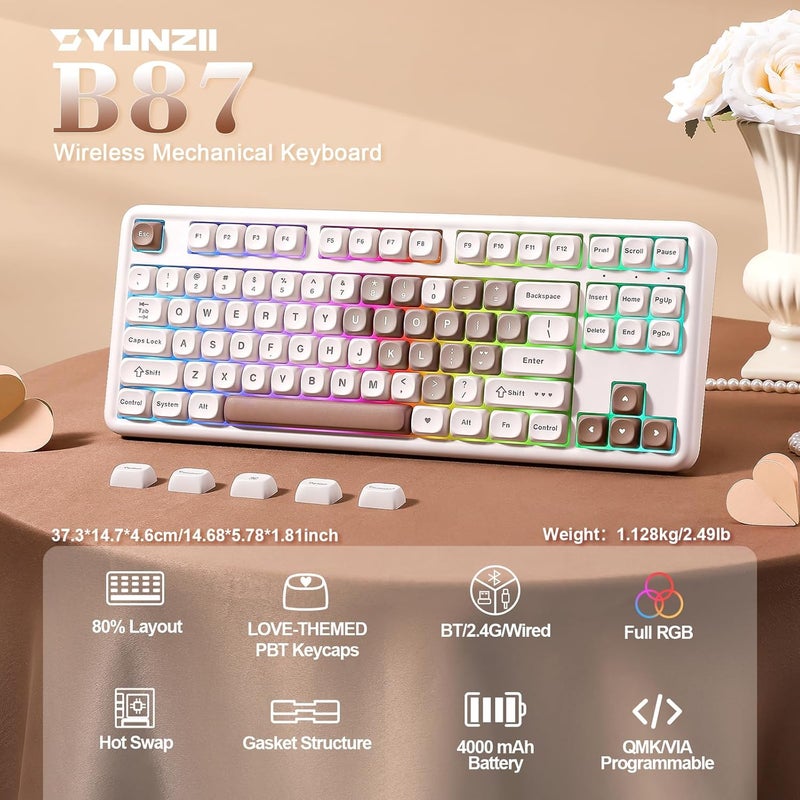 YUNZII B87 Wireless Mechanical Keyboard,QMK/VIA Custom Gaming Keyboard,Gasket RGB Keyboard with Cute MOA Keycaps,Wrist Rest,BT5.0/2.4G/USB-C NKRO for Win/Mac (Brown Heart, Cocoa Cream V2 Switch) - Image 2
