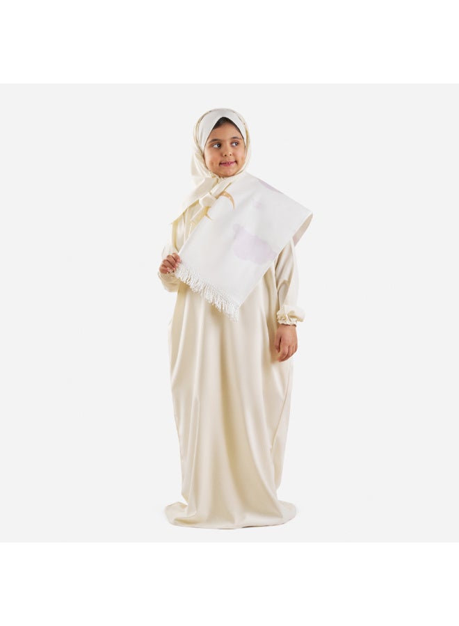 ريتال طقم صلاة بنات من ريتال – سجادة ناعمة وشرشف – مخمل فاخر – عمر 6-14 – بيج – وسط (M) - Image 5