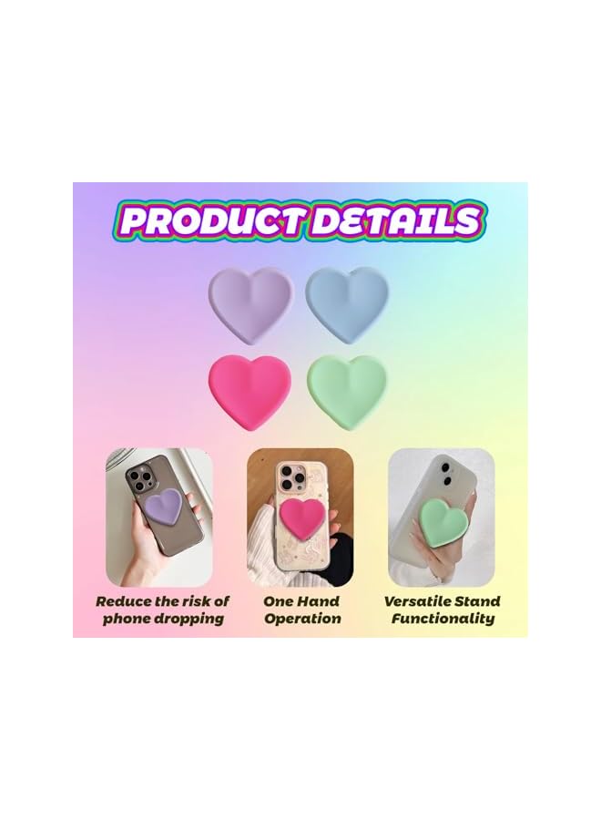 Green Tiger 4 Pack Heart-Shaped Phone Grip with Stand, Clear Socket for Secure Hold, Compatible with Smartphones and Tablets, Includes Purple, Sky Blue, Rose Pink, Grass Green - Image 3