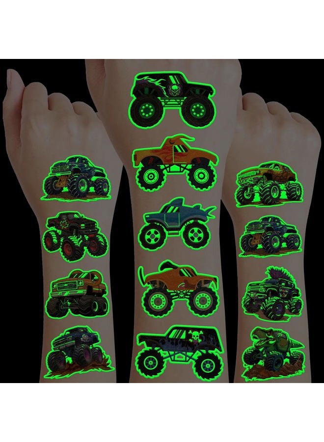 91TATTOOS 96 PCS Monster Truck Race Car Pre-Cut Luminous Glow in the dark Temporary Tattoos for Kids | Super Cute Themed Birthday Party Favors Supplies Decorations, Fake Tattoos Rewards & Gifts for Boys Girls - Image 1