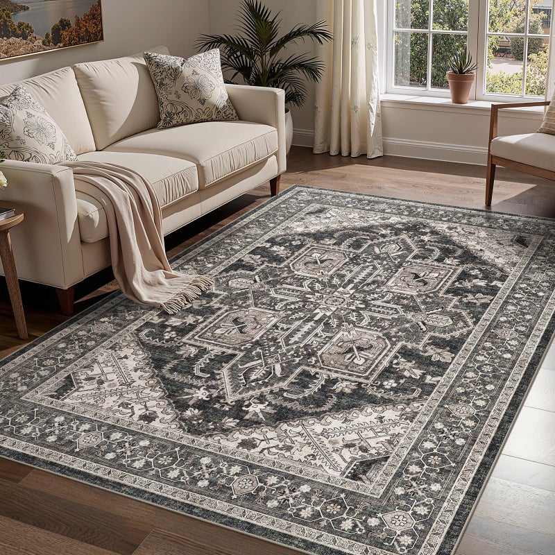 WITSHOCK Living Room Area Rugs 5x7: Washable Rug Boho Soft Non-Slip Low Pile Stain Resistant Foldable Carpet for Bedroom Playroom Dining Room Office Kitchen Farmhouse Home Decor Rug-Bitter Black - Image 1