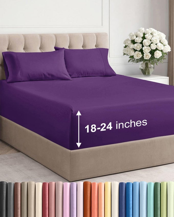 EXTRA DEEP TWIN SHEET SET 4 PIECE BREATHABLE AND COOLING SHEETS HOTEL LUXURY BED SHEETS SET EASY SECURE FIT SOFT WRINKLE FREE AND COMFY SHEETS SET PURPLE SHEET SET WITH EXTRA DEEP POCKETS