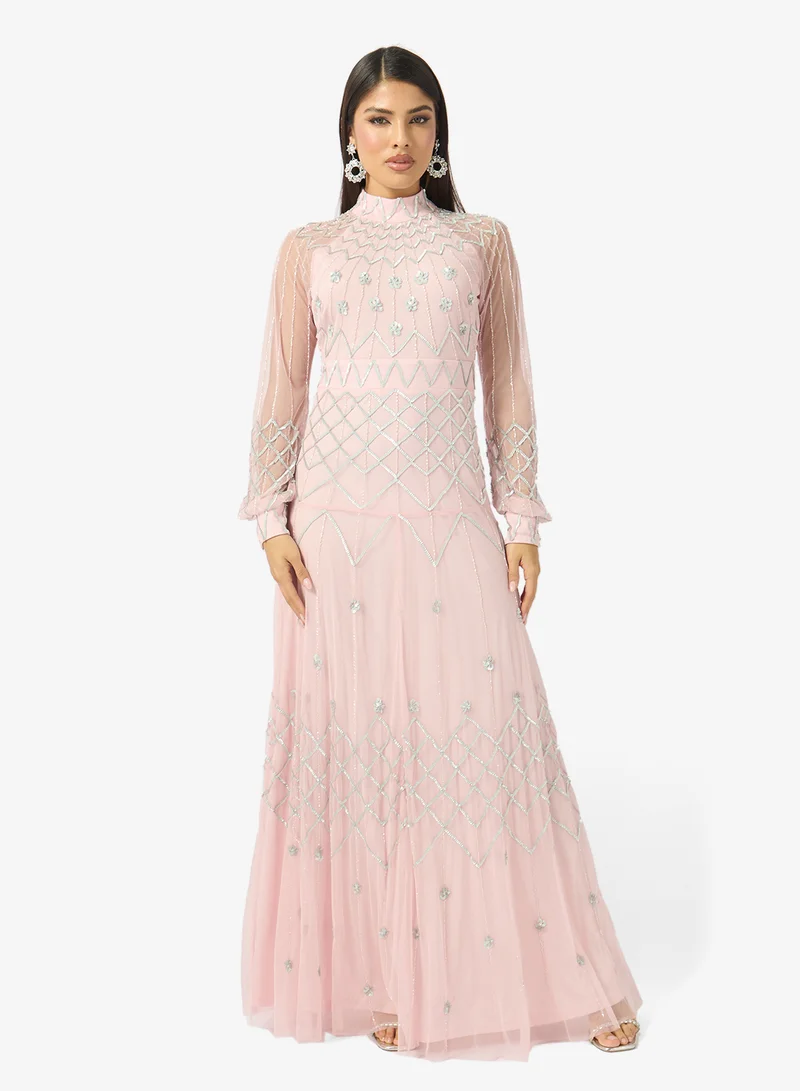 Namshi x Mock Neck Bead Embellished A Line Evening Gown