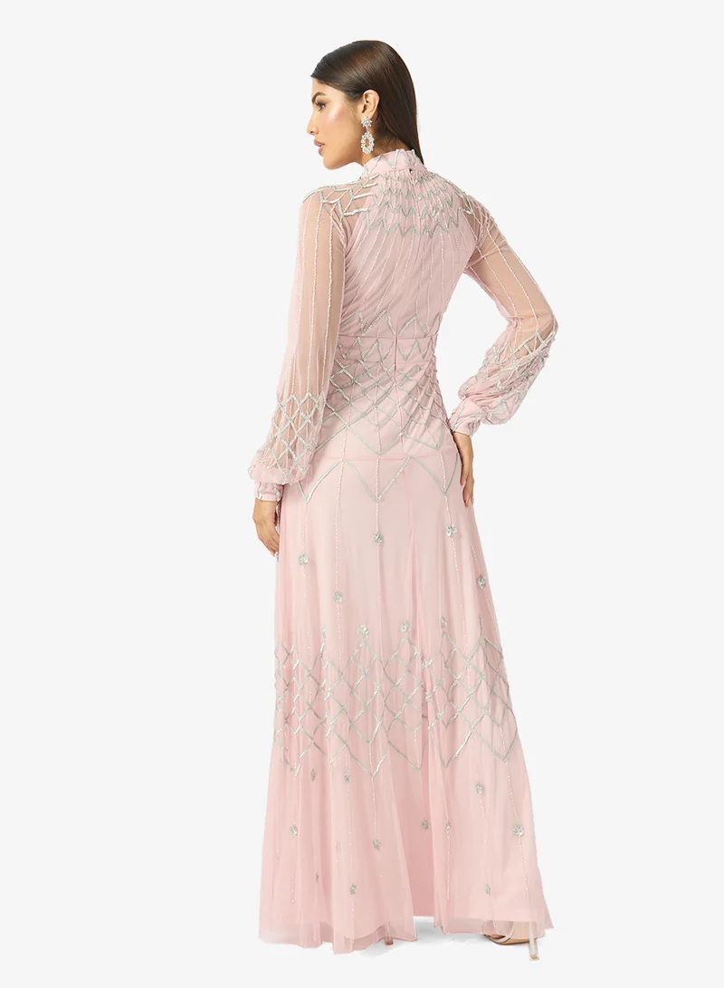 Namshi x Mock Neck Bead Embellished A Line Evening Gown