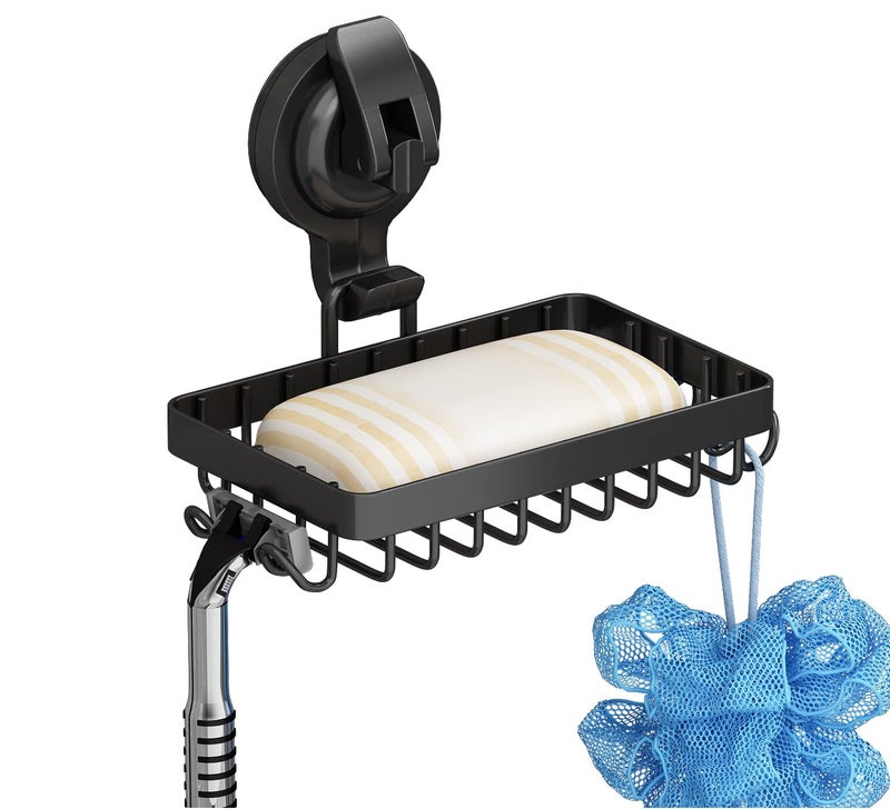 Soap Holder Shower Suction Cup Soap Dish for Shower with 4 Hooks 304 Stainless Steel Black