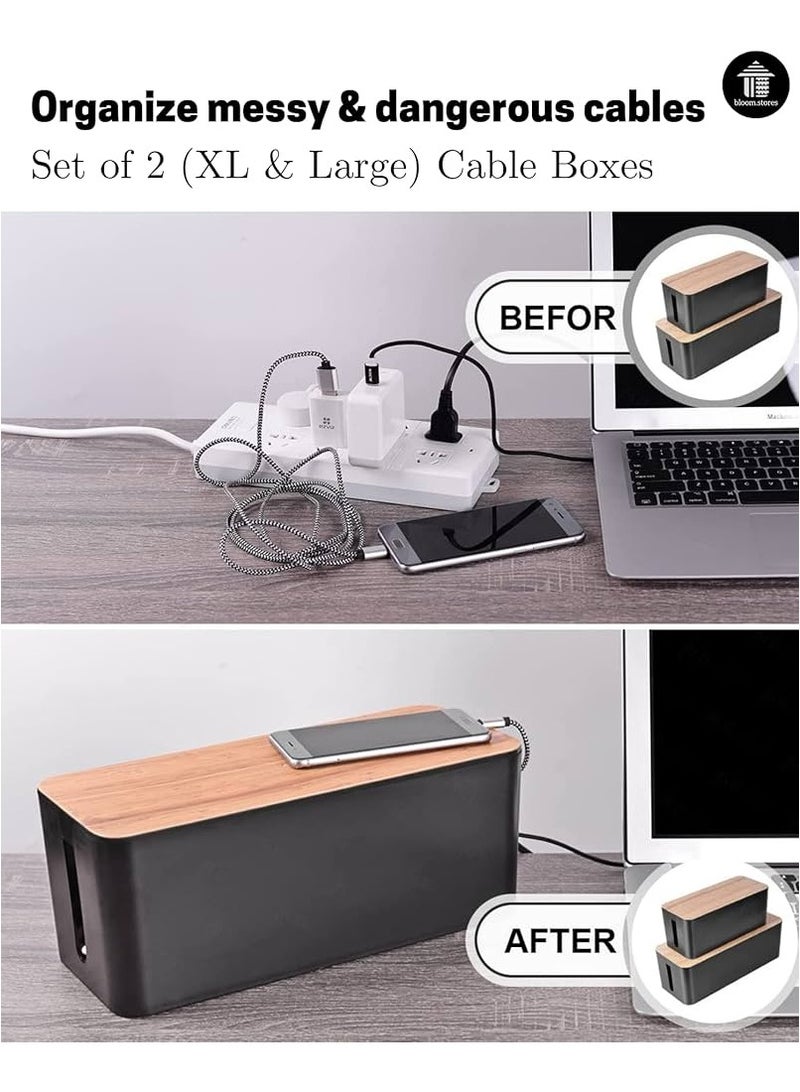 Generic Cable Management Boxes Set of 2 Large Extension Cable Organizer Box with Slotted Top for Heads Up Display - Elegant, Strong, High Utility (Combo (XL + Large), Black Bamboo)  - Image 2