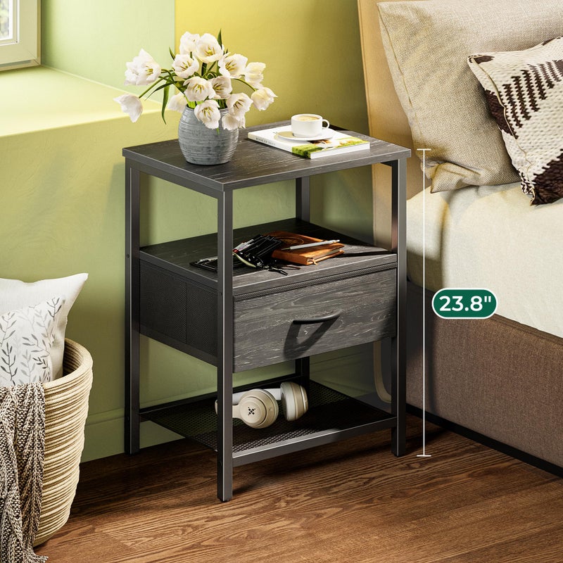 Huuger Nightstand Set of 2, Night Stand with Fabric Drawer, Mesh Shelf, Side Table with Storage, Fabric Drawer Dresser, Open Shelf, Metal Frame, Bedroom, Charcoal Black Wood Grain Print - Image 2