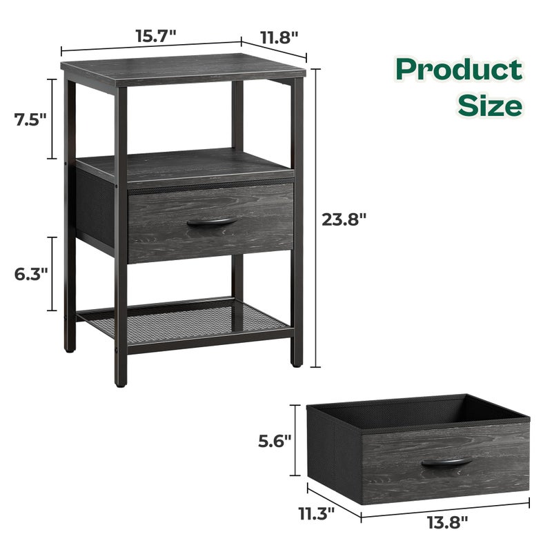 Huuger Nightstand Set of 2, Night Stand with Fabric Drawer, Mesh Shelf, Side Table with Storage, Fabric Drawer Dresser, Open Shelf, Metal Frame, Bedroom, Charcoal Black Wood Grain Print - Image 5