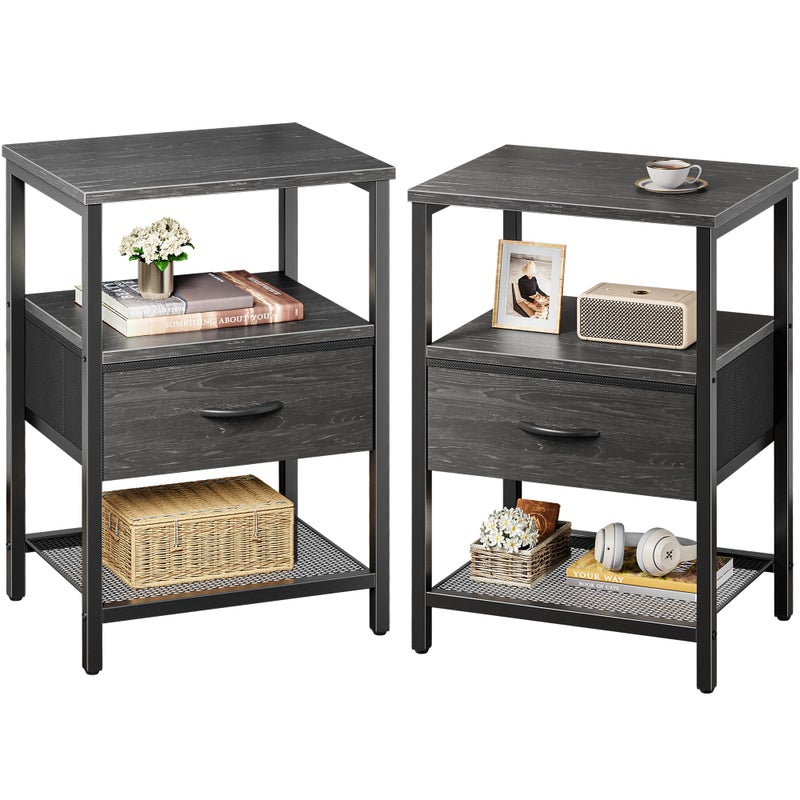 Huuger Nightstand Set of 2, Night Stand with Fabric Drawer, Mesh Shelf, Side Table with Storage, Fabric Drawer Dresser, Open Shelf, Metal Frame, Bedroom, Charcoal Black Wood Grain Print - Image 1