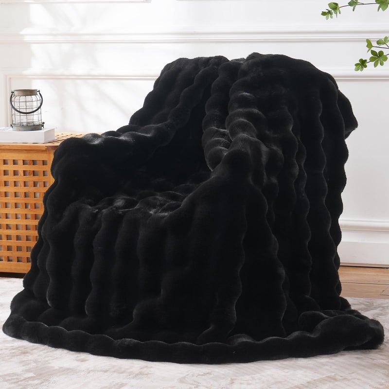 BENVWE Faux Fur Throw Blanket for Couch - Thickened Fluffy Soft Bubble Blanket for Living Room Home Decor - Fathers Day Birthday Gifts for Women Men, Black, 50" x 60",1300GSM - Image 1
