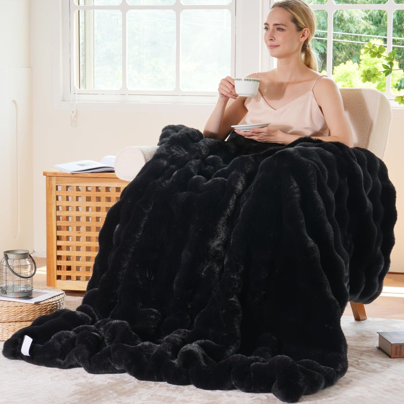 BENVWE Faux Fur Throw Blanket for Couch - Thickened Fluffy Soft Bubble Blanket for Living Room Home Decor - Fathers Day Birthday Gifts for Women Men, Black, 50" x 60",1300GSM - Image 2
