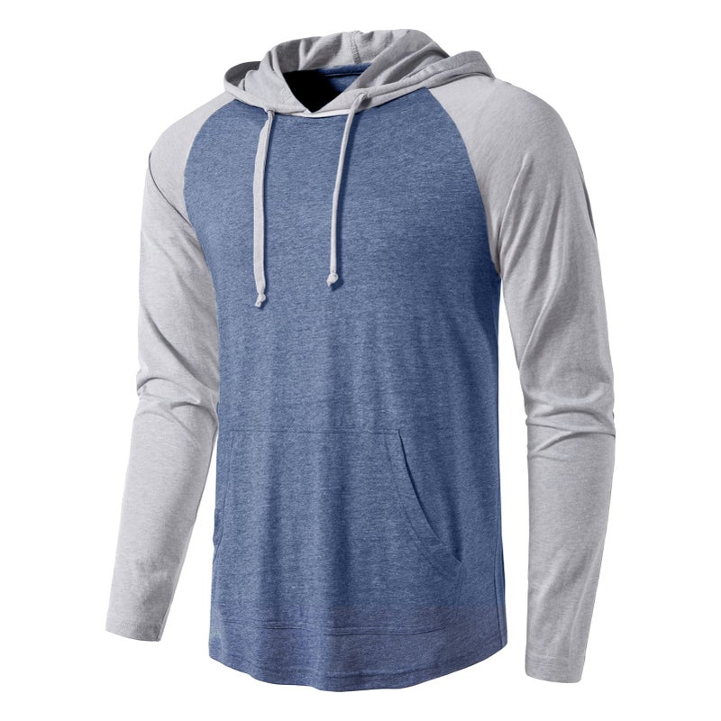 SIR7 Men's Gym Workout Active Long Sleeve Pullover Lightweight Hoodie Casual Hooded Sweatshirts Blue&Grey Large - Image 1