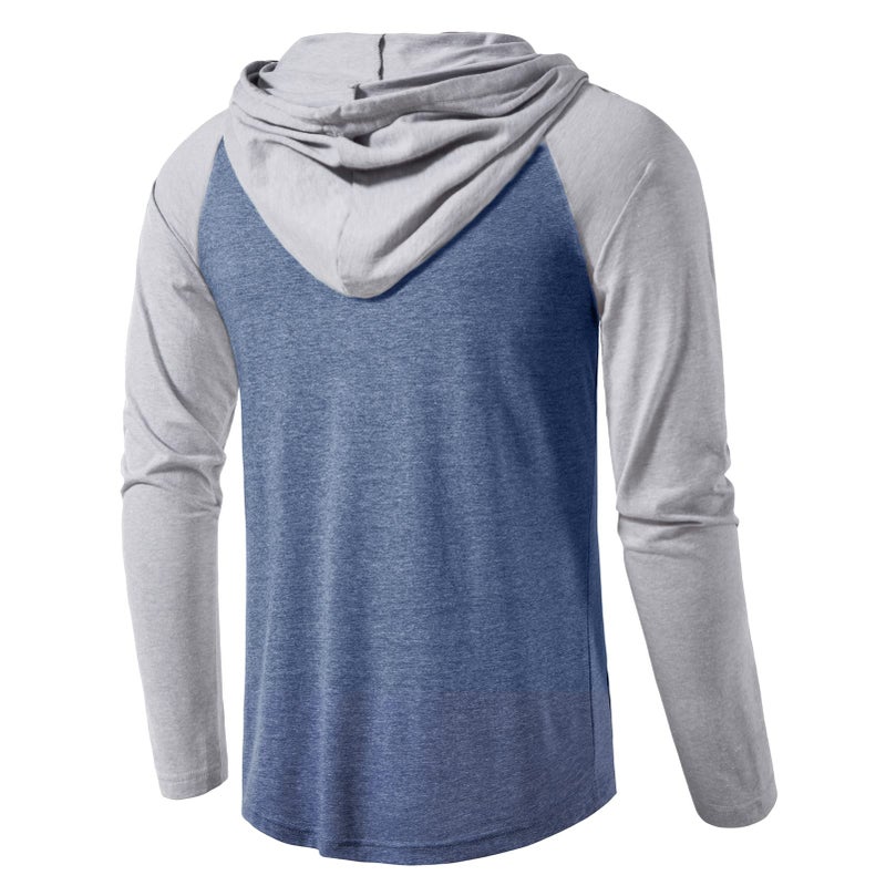 SIR7 Men's Gym Workout Active Long Sleeve Pullover Lightweight Hoodie Casual Hooded Sweatshirts Blue&Grey Large - Image 3