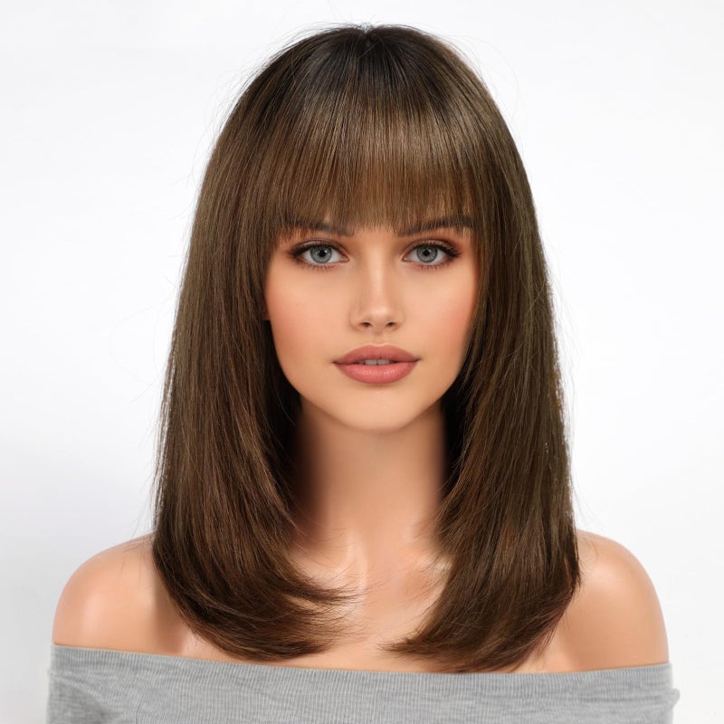 KKU 16 Inch Ombre Brown Human Hair Wigs for WomenLayered Straight Hair Wig with BangsWear Natural Realism