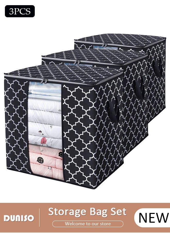 DUNISO 3 Pack Large Capacity Foldable Storage Bag with Clear Window Clothes Storage Bins Storage Containers with Durable Handles Thicken Fabric Clothes Organization for Blanket Comforter Clothing Bedding  - Image 1