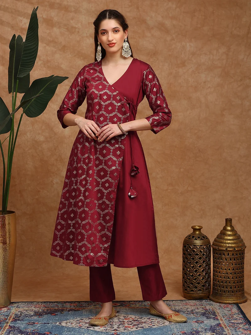 Globus Women Maroon V-Neck Floral Foil Print Angrakha A-Line Kurta With Pants Festive Set