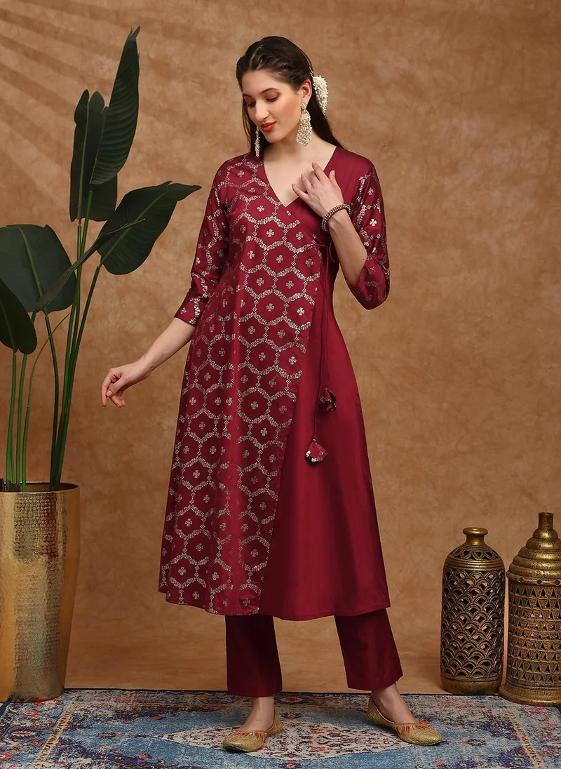 globus Globus Women Maroon V-Neck Floral Foil Print Angrakha A-Line Kurta With Pants Festive Set